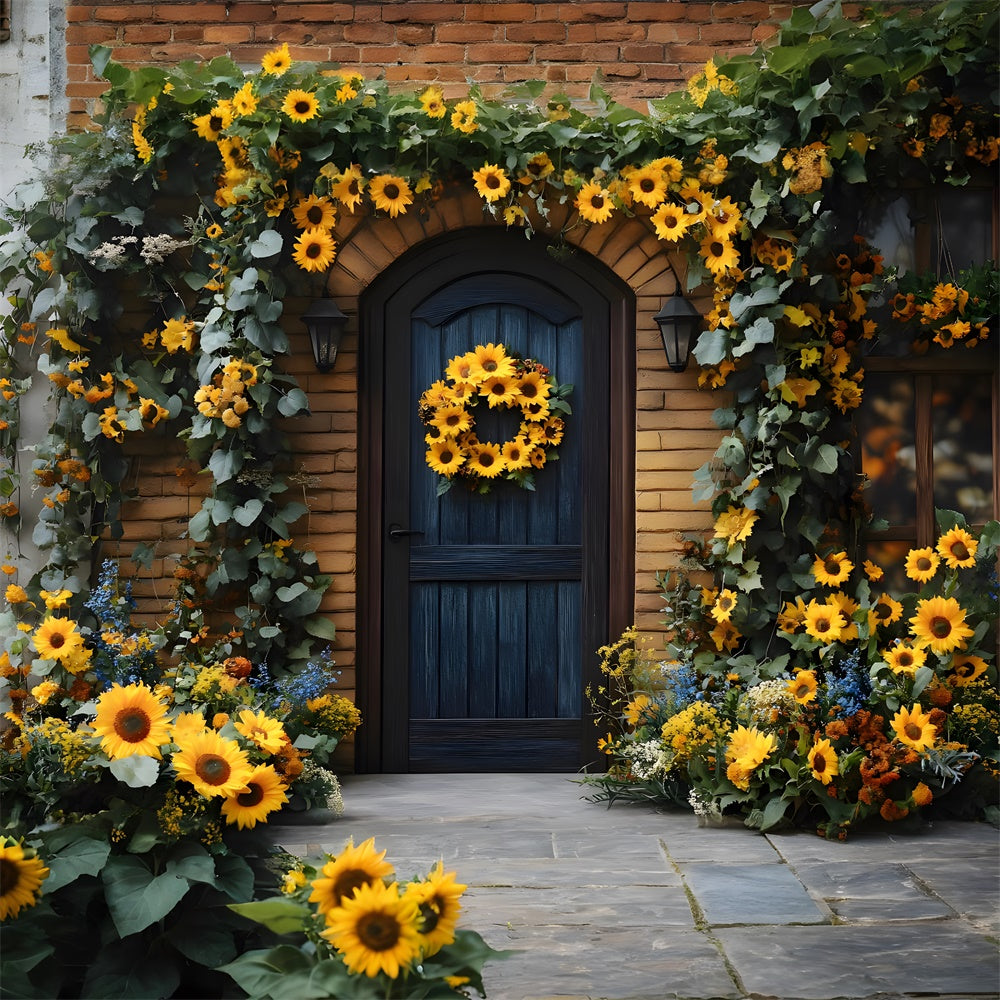 Toile de Fond Couronne de Tournesols Adornant une Porte d'Automne RR8-314