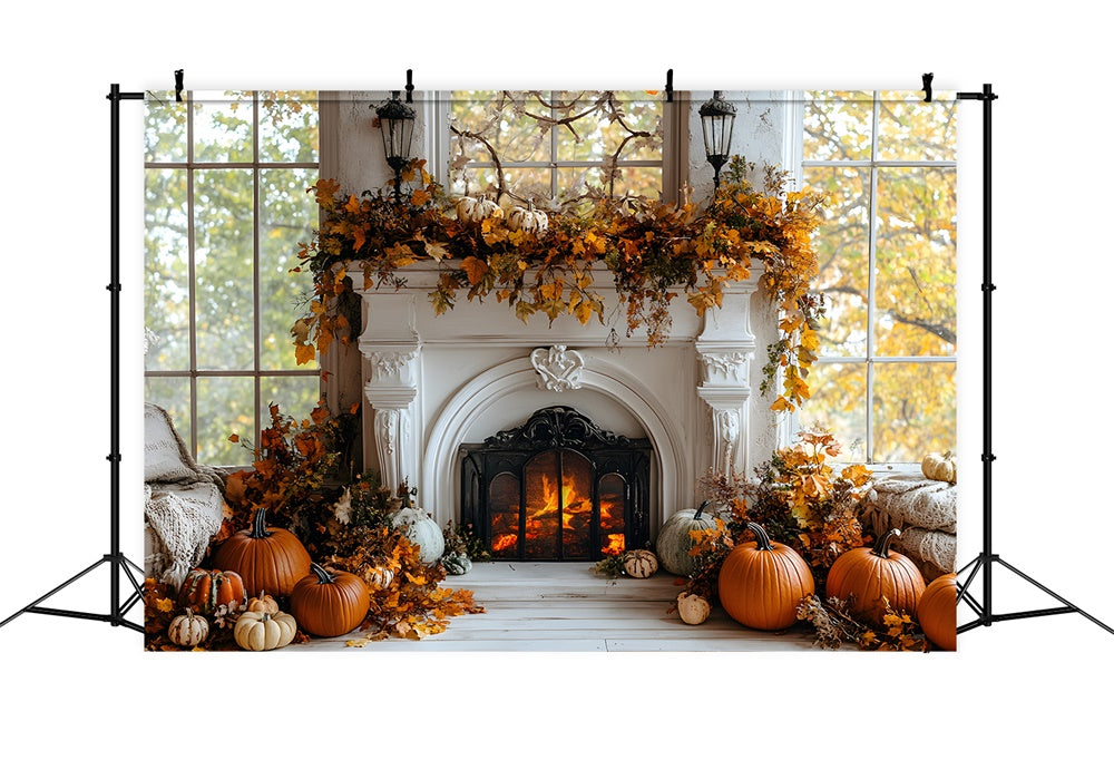 Toile de Fond Feuilles Séchées et Citrouille Devant Cheminée d'Automne RR8-320