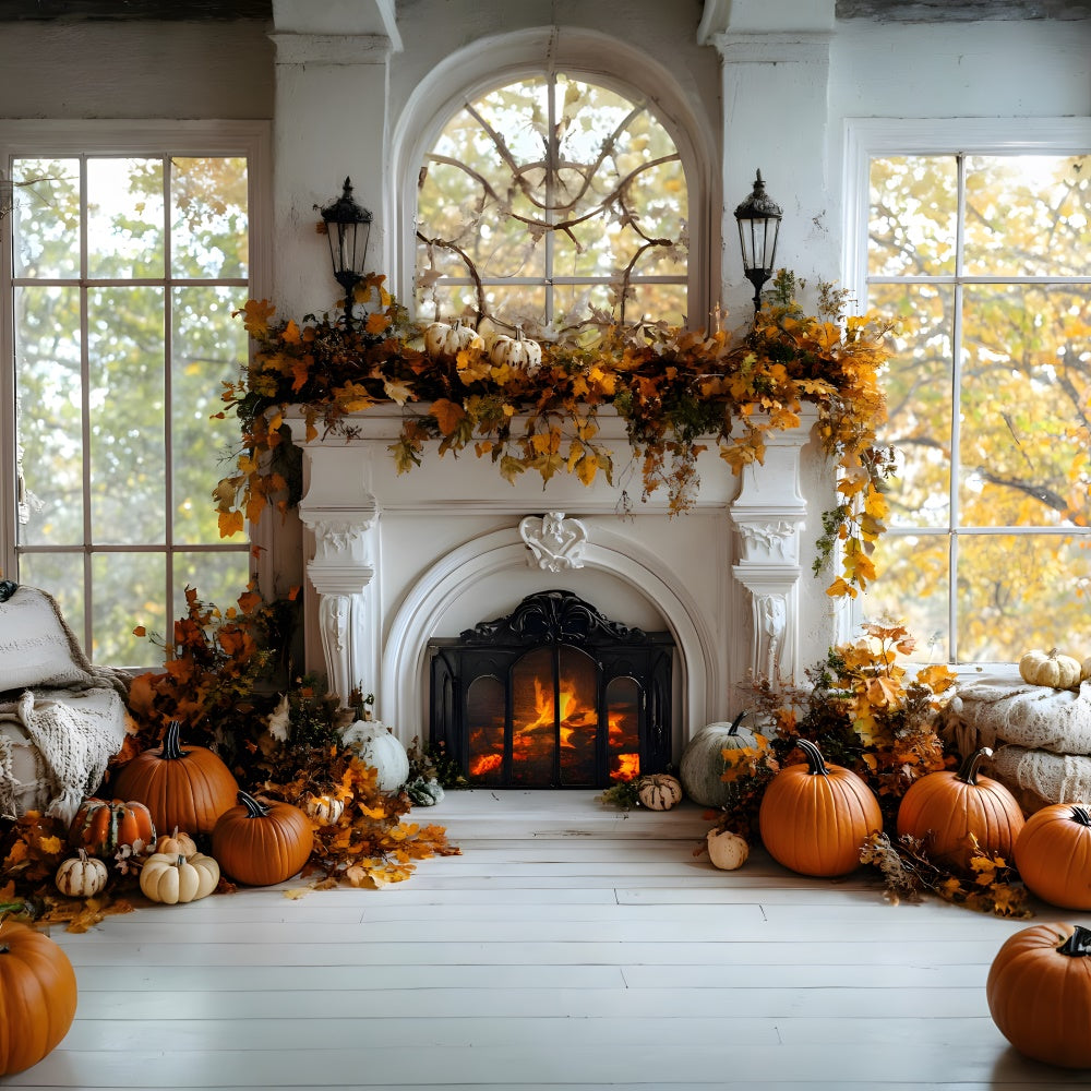 Toile de Fond Feuilles Séchées et Citrouille Devant Cheminée d'Automne RR8-320