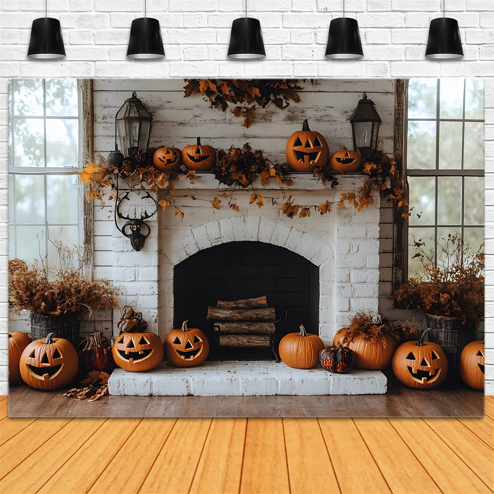 Toile de Fond Cheminée en Brique avec Citrouilles d'Automne RR8-322