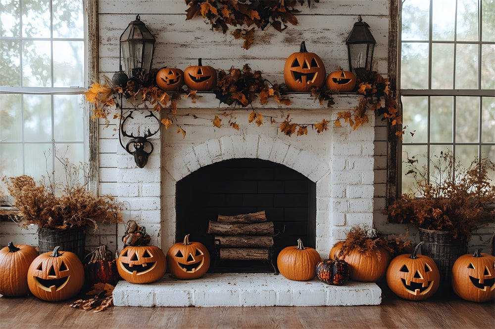 Toile de Fond Cheminée en Brique avec Citrouilles d'Automne RR8-322