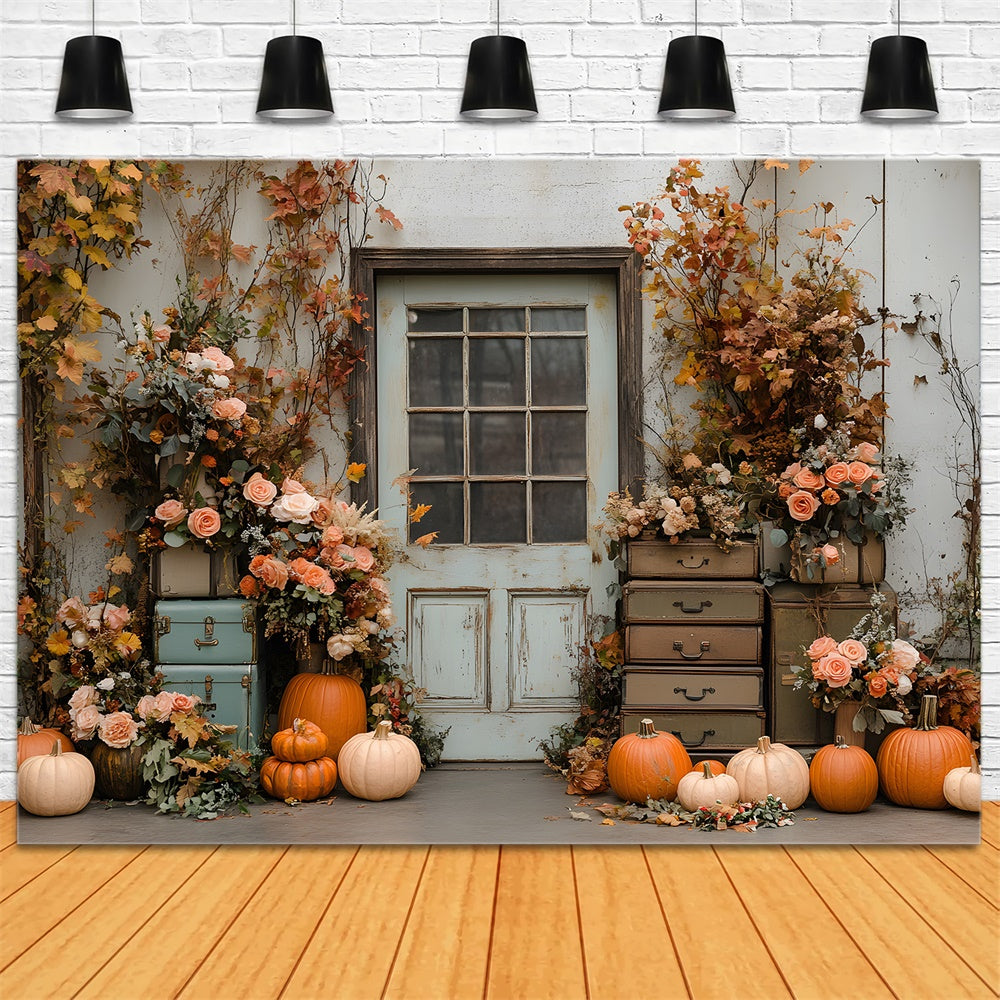 Toile de Fond Fleurs et Citrouille Devant Porte Rustique d'Automne RR8-324