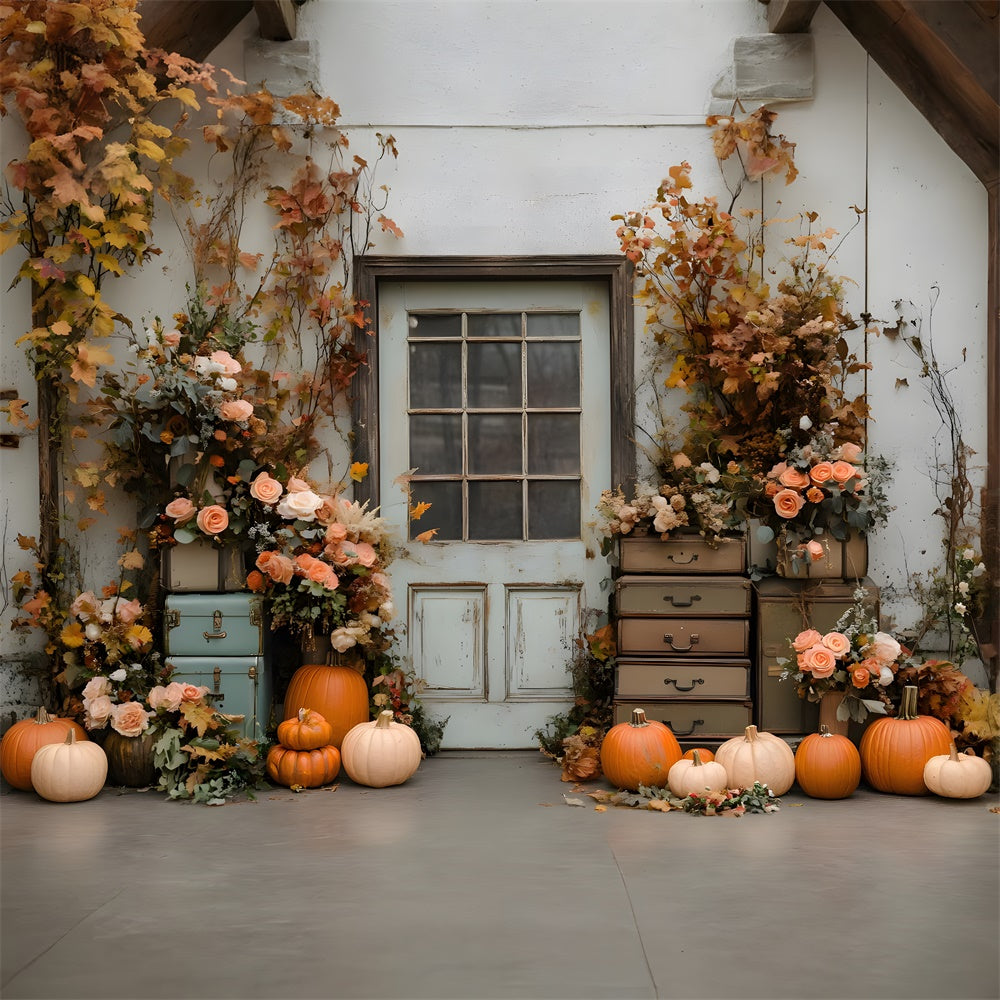 Toile de Fond Fleurs et Citrouille Devant Porte Rustique d'Automne RR8-324