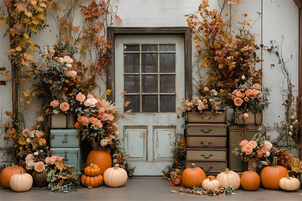 Toile de Fond Fleurs et Citrouille Devant Porte Rustique d'Automne RR8-324