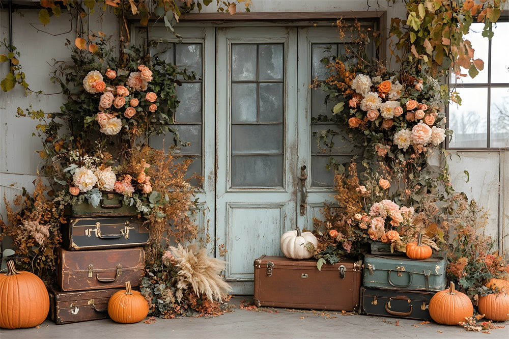 Toile de Fond Feuilles Séchées, Fleurs et Citrouille Devant Porte d'Automne RR8-325