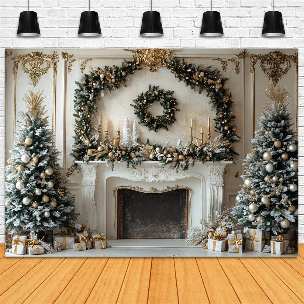 Toile de fond Couronne Sapins Cheminée de Noël RR8-34