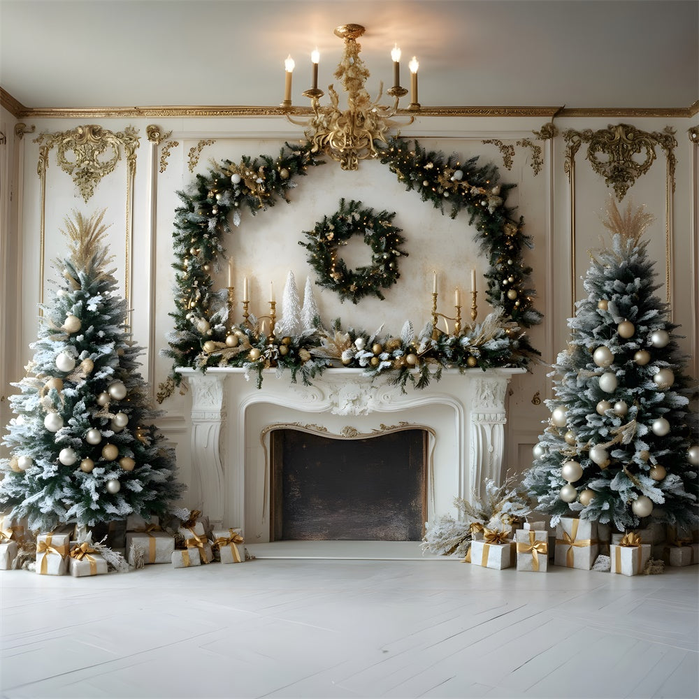 Toile de fond Couronne Sapins Cheminée de Noël RR8-34