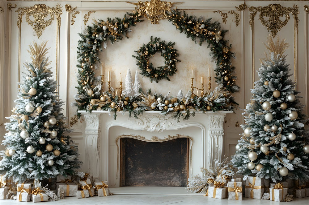 Toile de fond Couronne Sapins Cheminée de Noël RR8-34