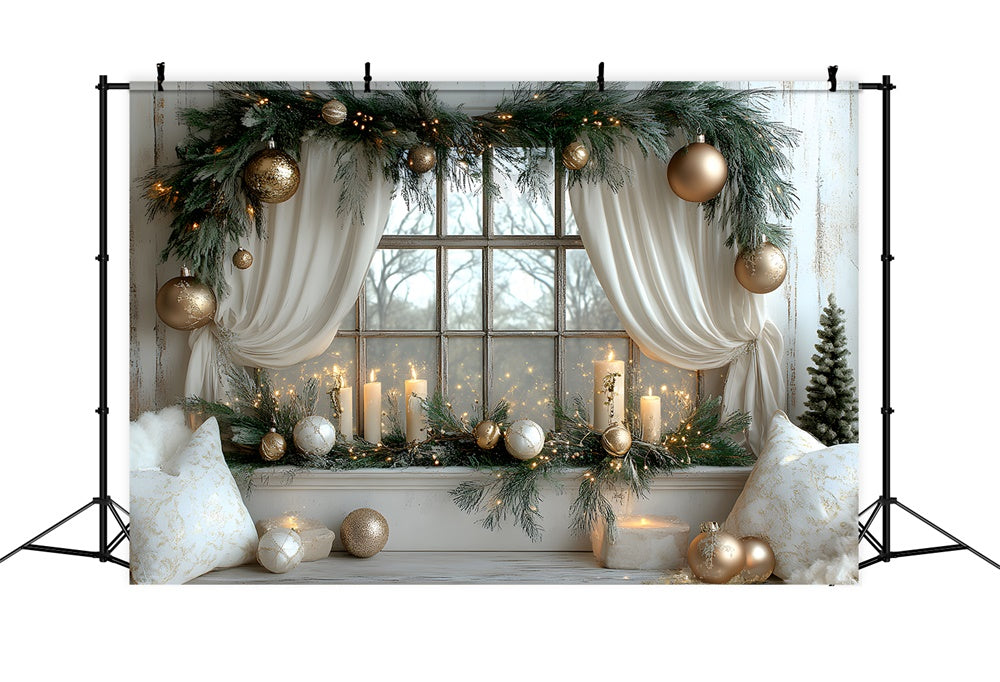 Toile de Fond Fenêtre Décorée avec Couronne de Noël RR8-340