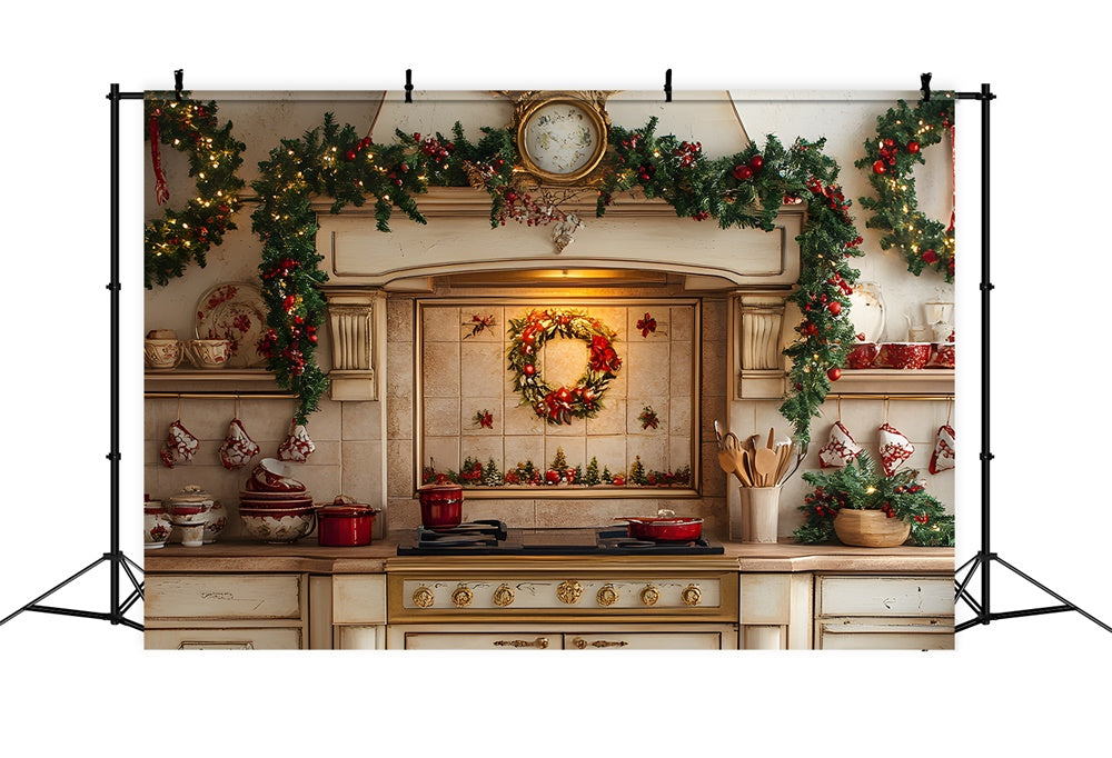 Toile de Fond Cuisine de Noël avec Guirlande et Couronne RR8-342
