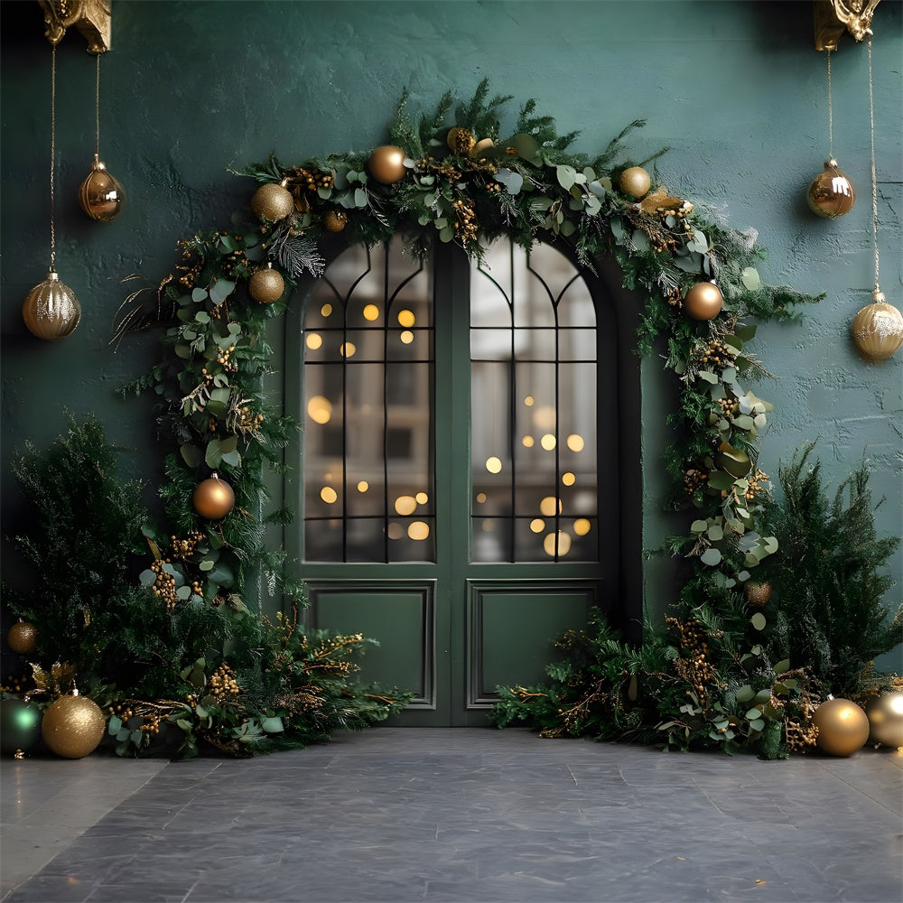 Toile de Fond Porte Décorée avec Boules de Noël et Guirlande RR8-346