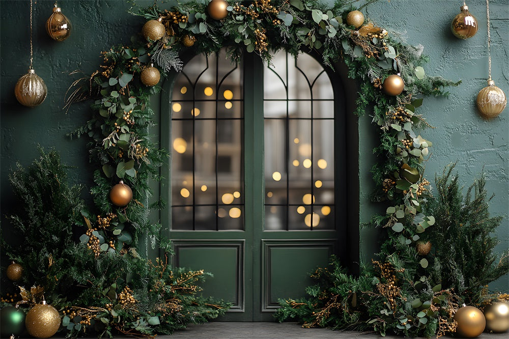 Toile de Fond Porte Décorée avec Boules de Noël et Guirlande RR8-346