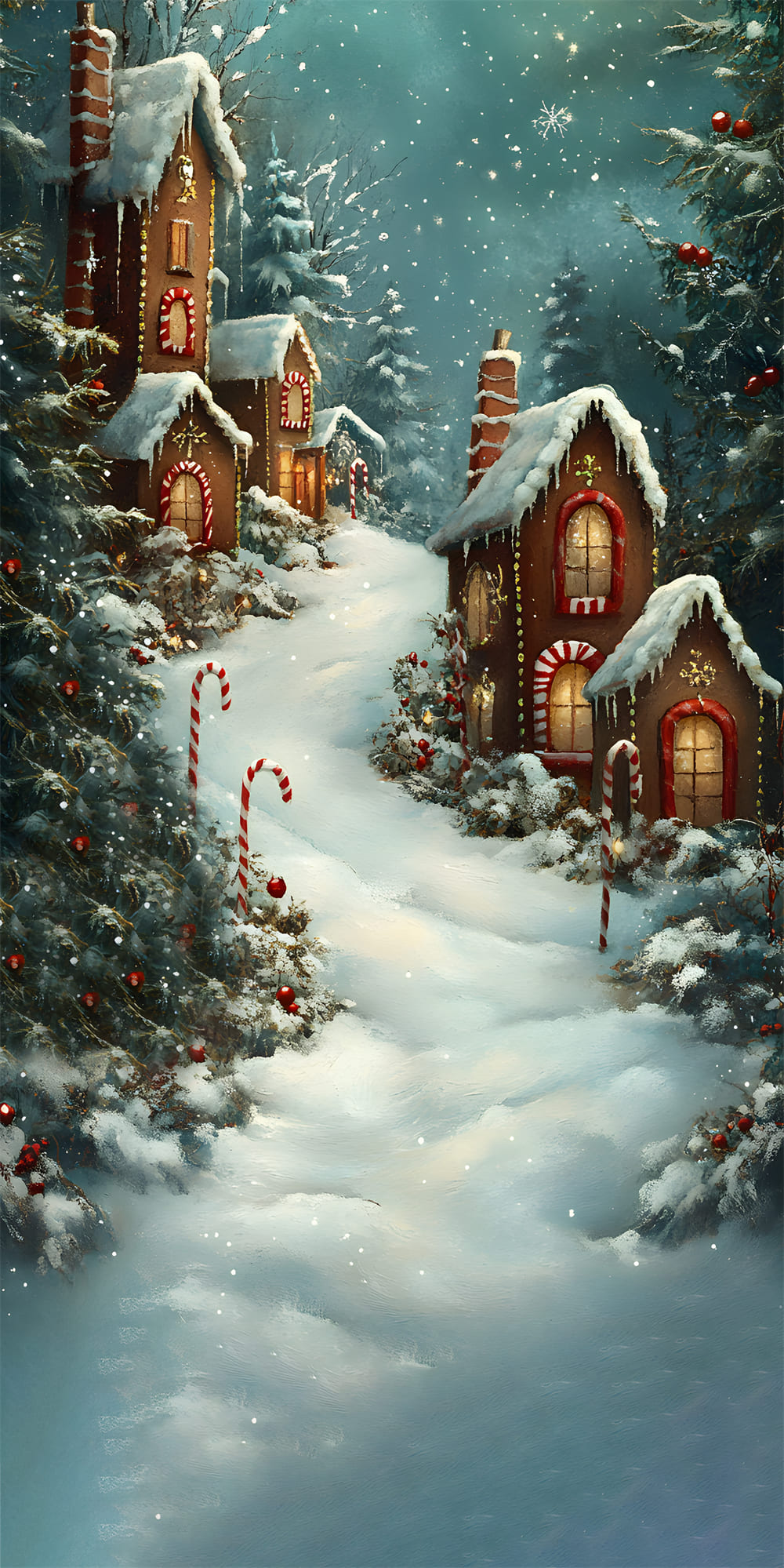 Toile de Fond Maison en Pain d'Épice sous la Neige de Noël RR8-362