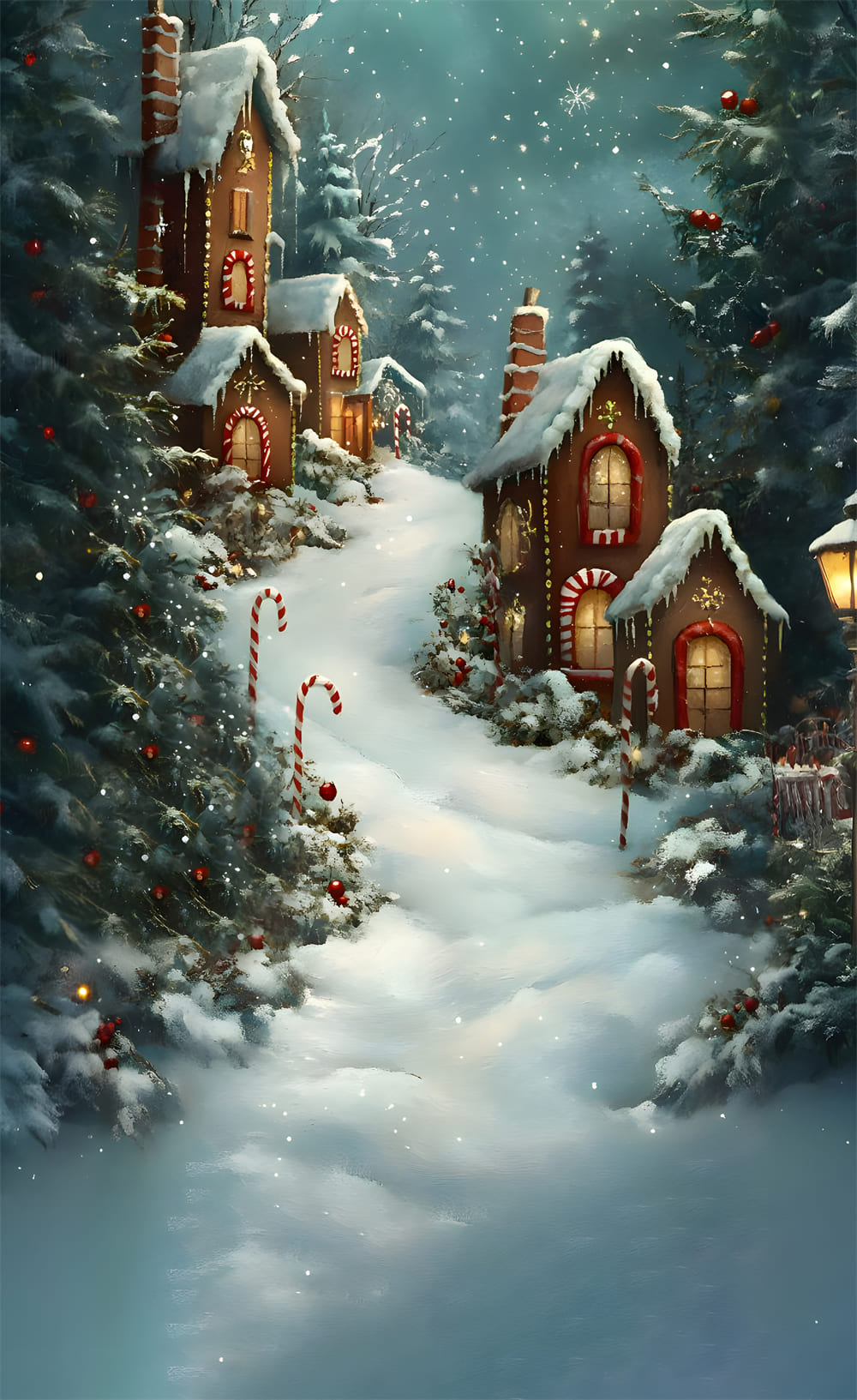 Toile de Fond Maison en Pain d'Épice sous la Neige de Noël RR8-362