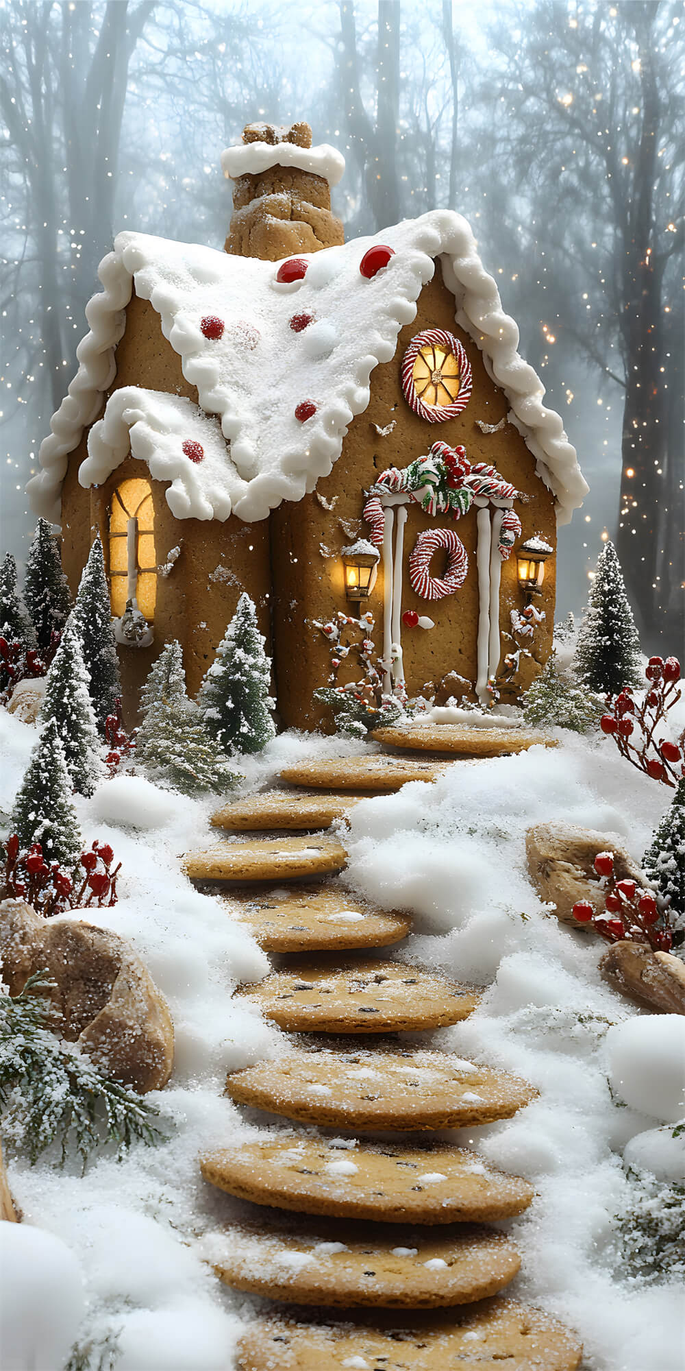 Toile de Fond Escalier Neigeux de Noël avec Maison en Pain d'Épice RR8-364
