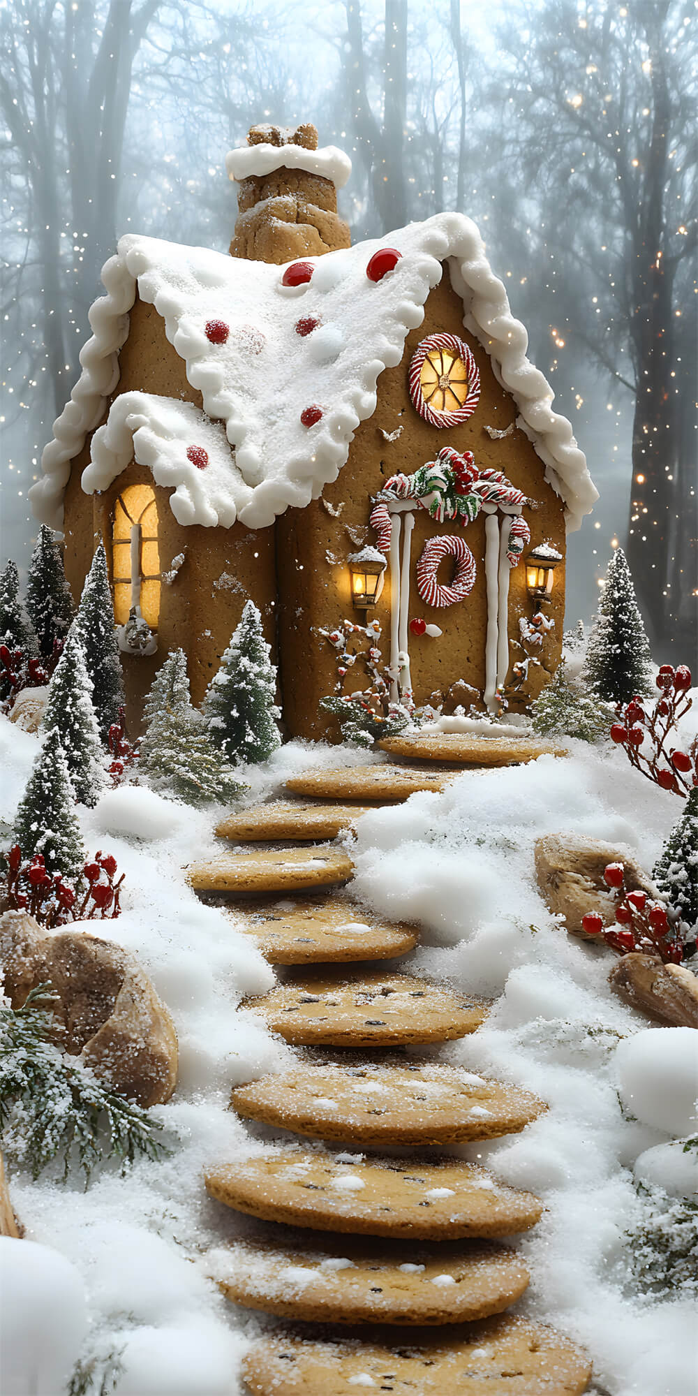 Toile de Fond Escalier Neigeux de Noël avec Maison en Pain d'Épice RR8-364