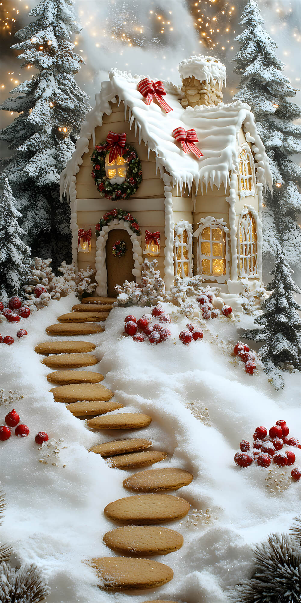 Toile de Fond Maison en Bonbons de Noël avec Arbres Neigeux RR8-365