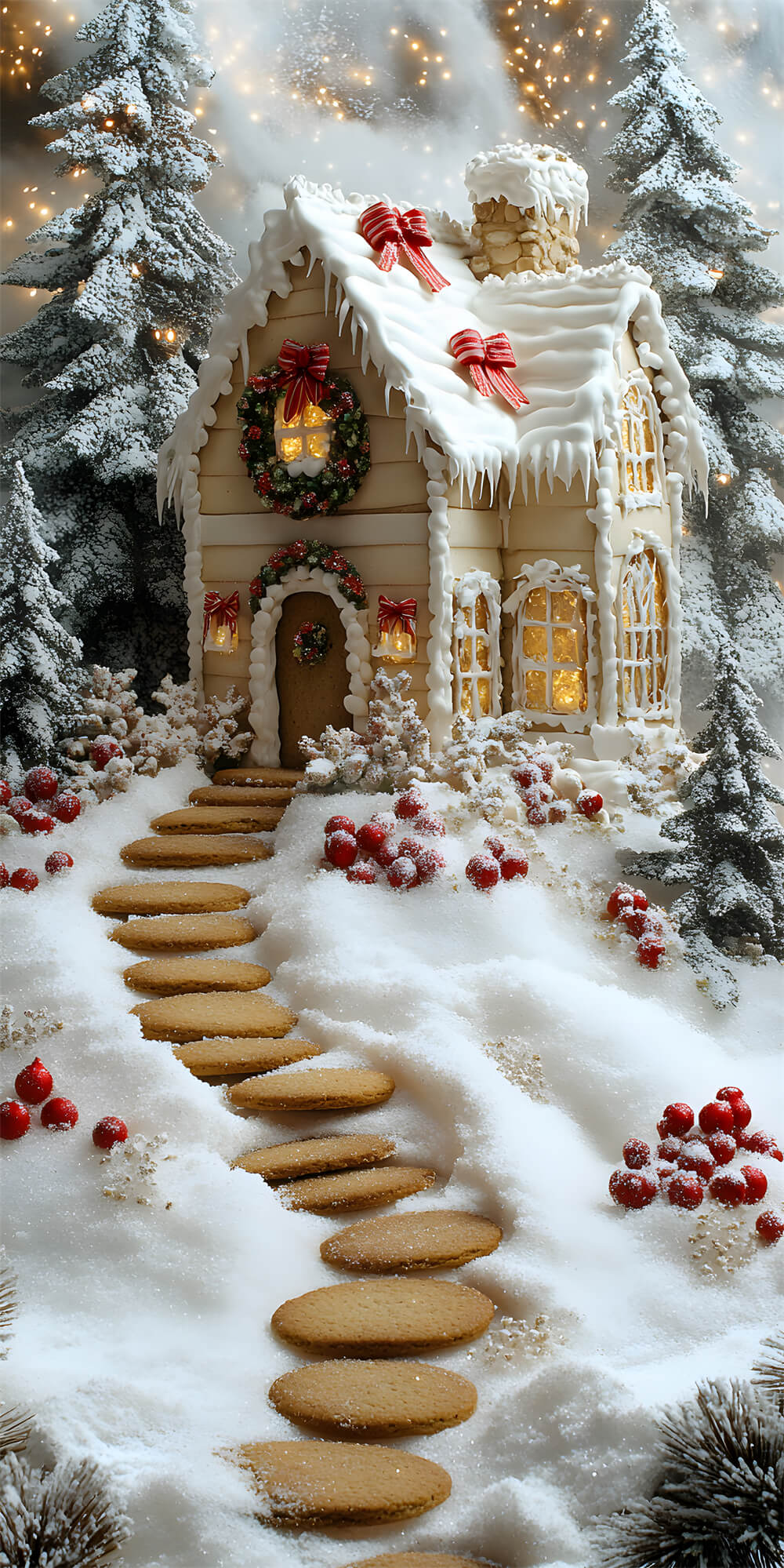 Toile de Fond Maison en Bonbons de Noël avec Arbres Neigeux RR8-365