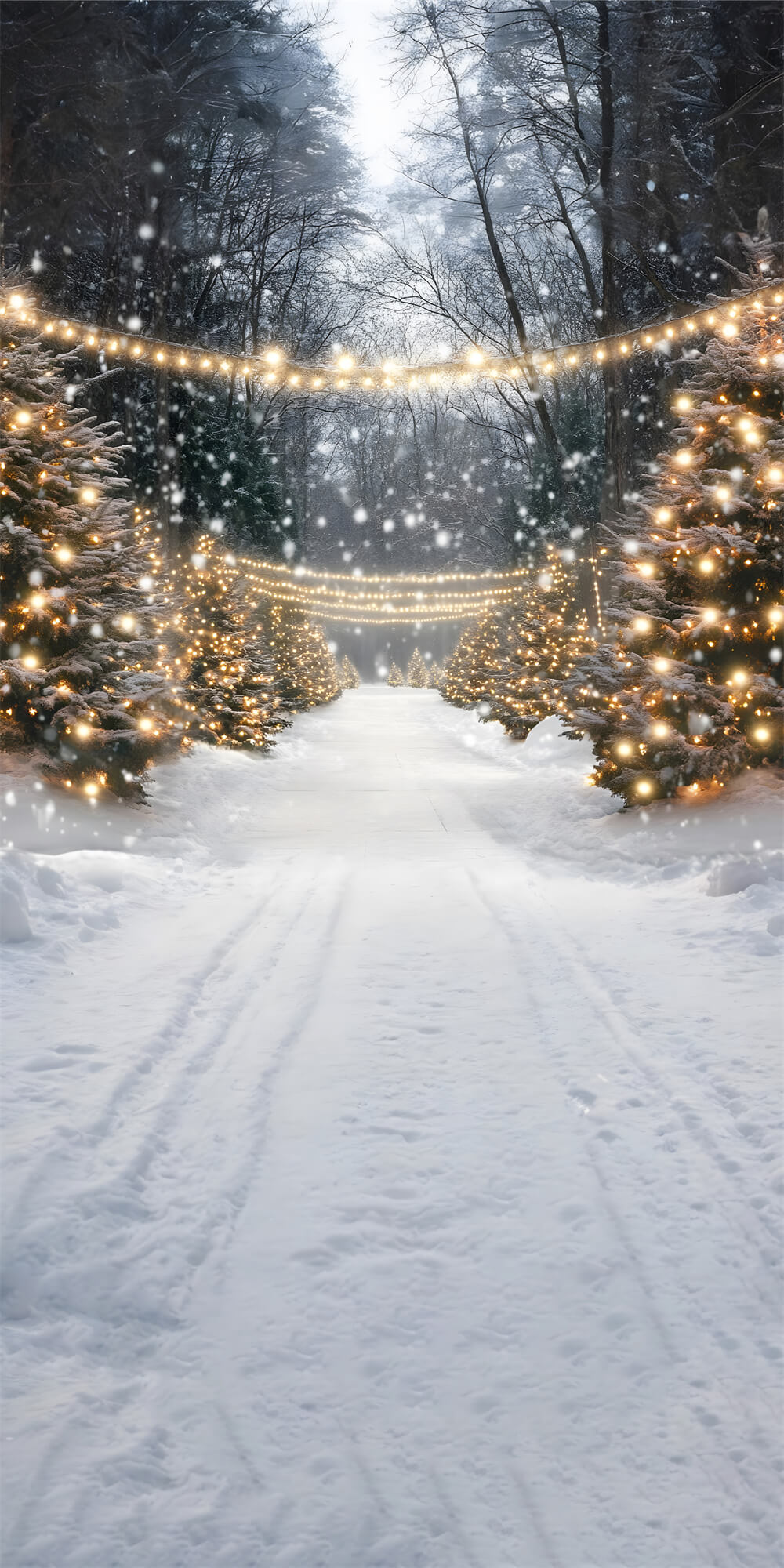 Toile de Fond Arbres Lumineux d'Hiver sous la Neige de Noël RR8-366