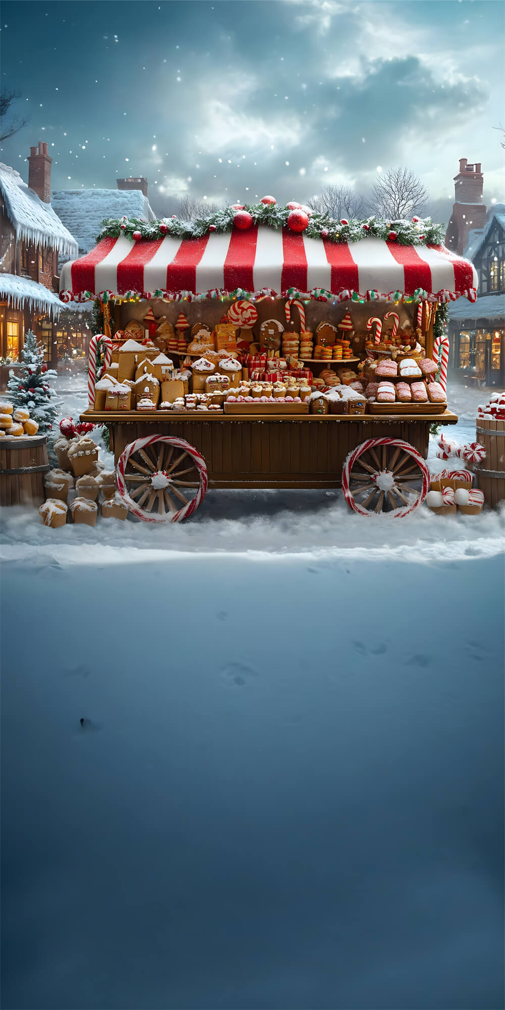 Toile de Fond Chariot à Desserts de Noël avec Flocons de Neige RR8-370
