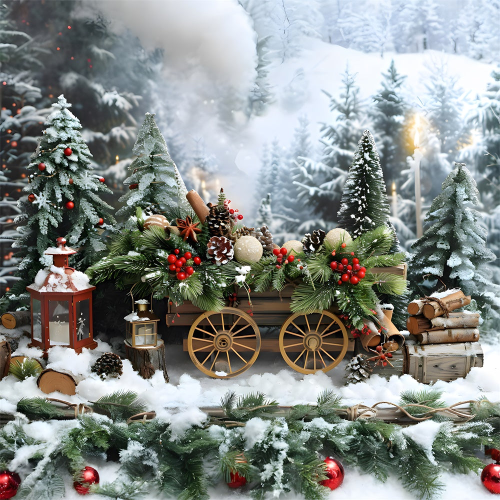 Toile de fond Sapins de Noël Neige Chariot en Bois RR8-4