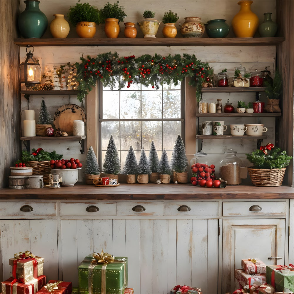 Toile de fond Cuisine Décorée de Couronnes de Noël RR8-40