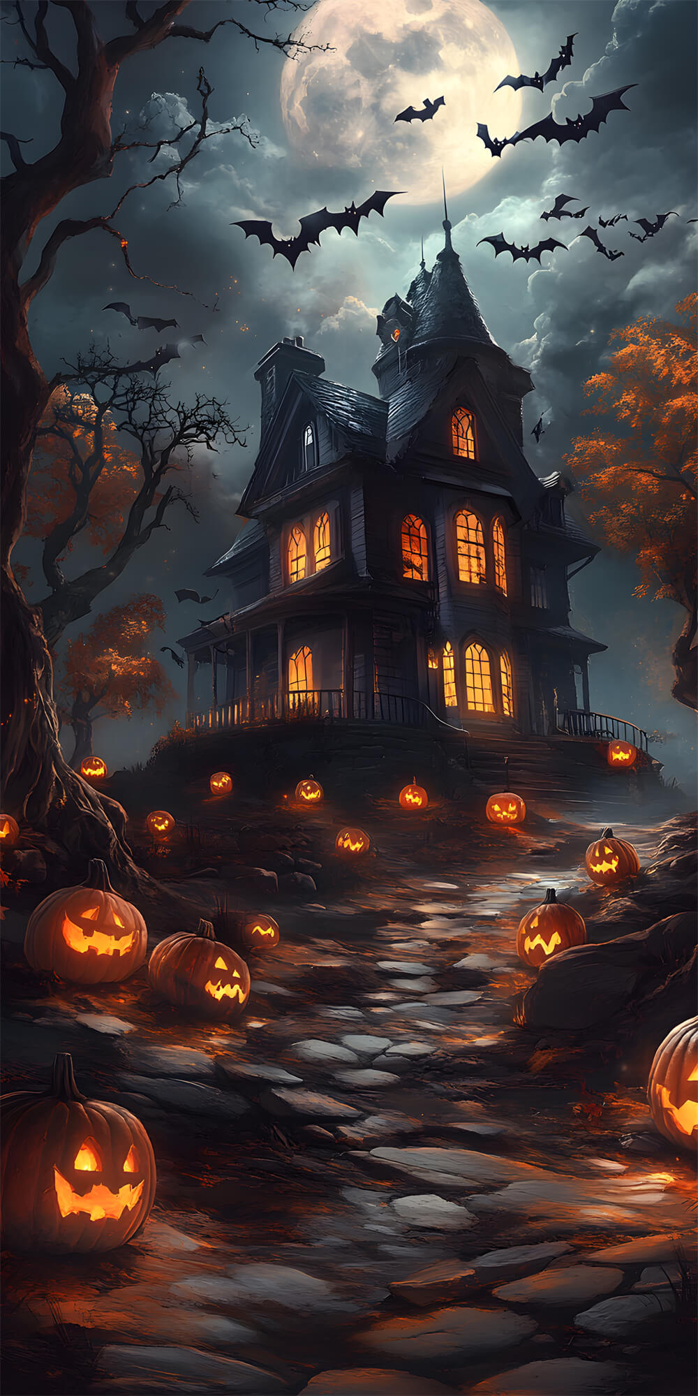 Toile de Fond Maison de Sorcière et Citrouille sous la Lune d'Halloween RR8-404