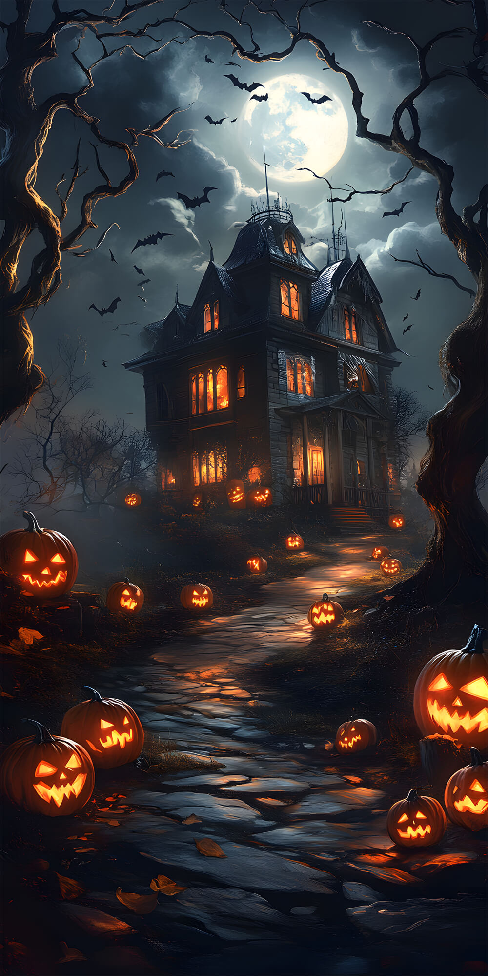 Toile de Fond Maison Hantée sous Pleine Lune d'Halloween RR8-405
