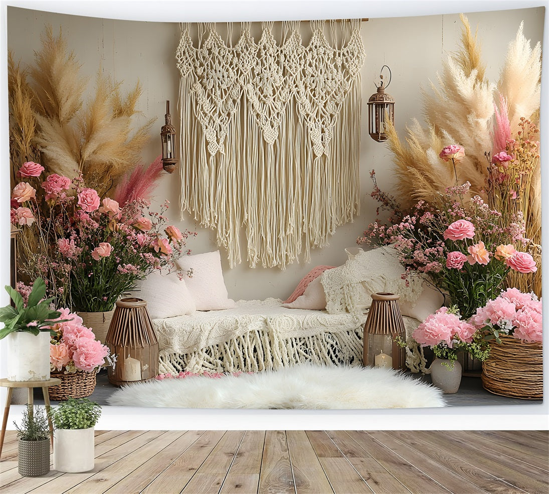 Toile de Fond Salon avec Herbes de la Pampa et Macramé RR8-414