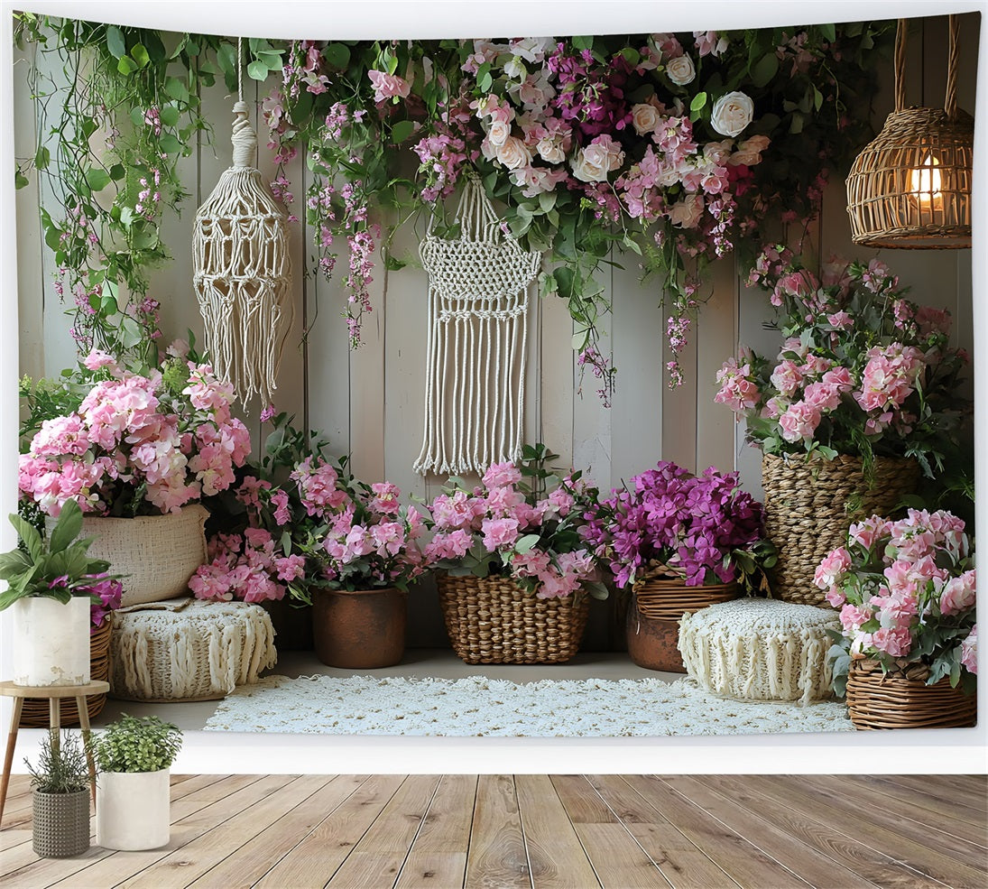 Toile de Fond Jardin Bohème avec Macramé et Fleurs RR8-419