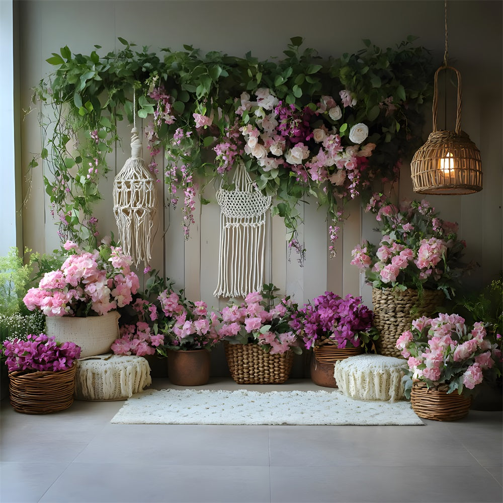 Toile de Fond Jardin Bohème avec Macramé et Fleurs RR8-419