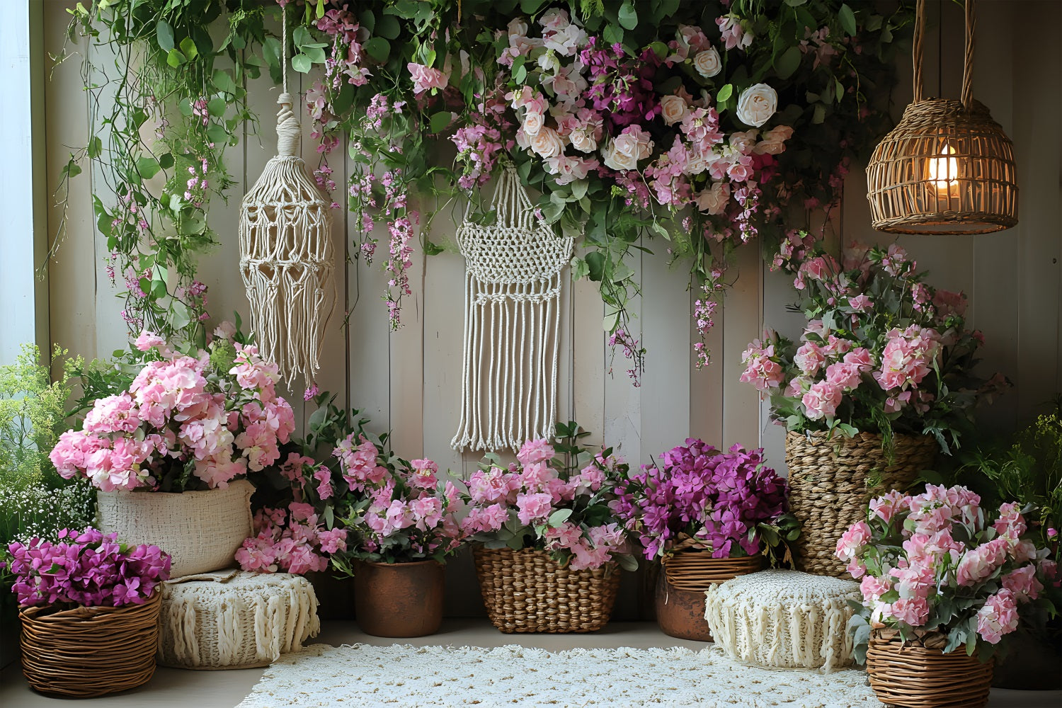 Toile de Fond Jardin Bohème avec Macramé et Fleurs RR8-419