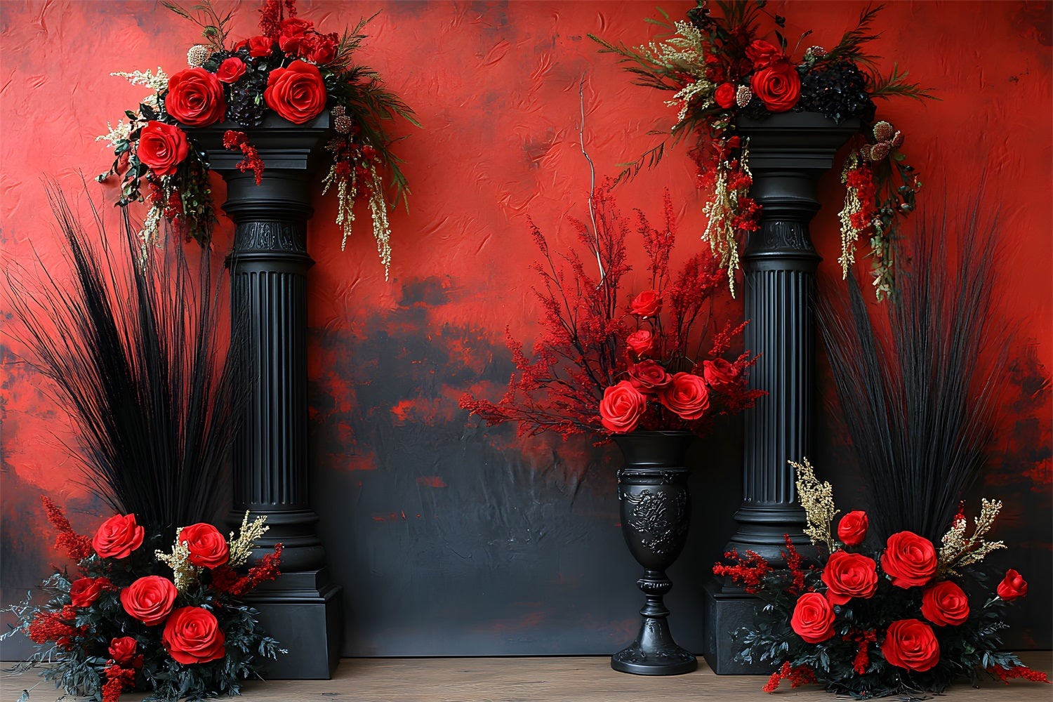 Toile de Fond Floral Dramatique Rouge et Noir RR8-421