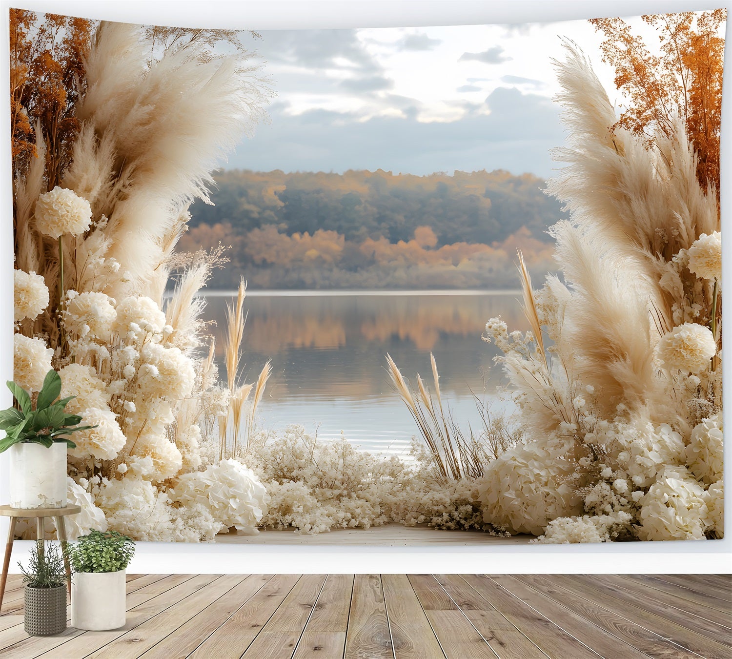 Toile de Fond Lac d'Automne avec Herbes de la Pampa Bohème RR8-428