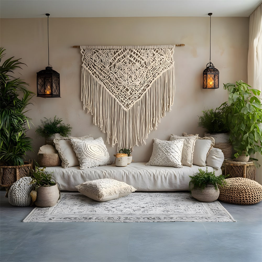 Toile de Fond Salon Bohème Chic avec Macramé RR8-475