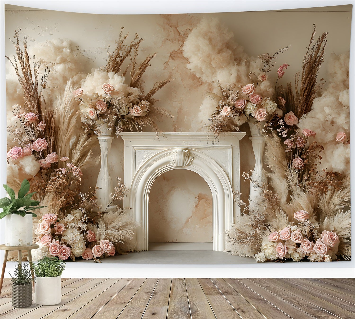 Toile de Fond Décoration de Foin avec Roses Romantiques Bohème RR8-479
