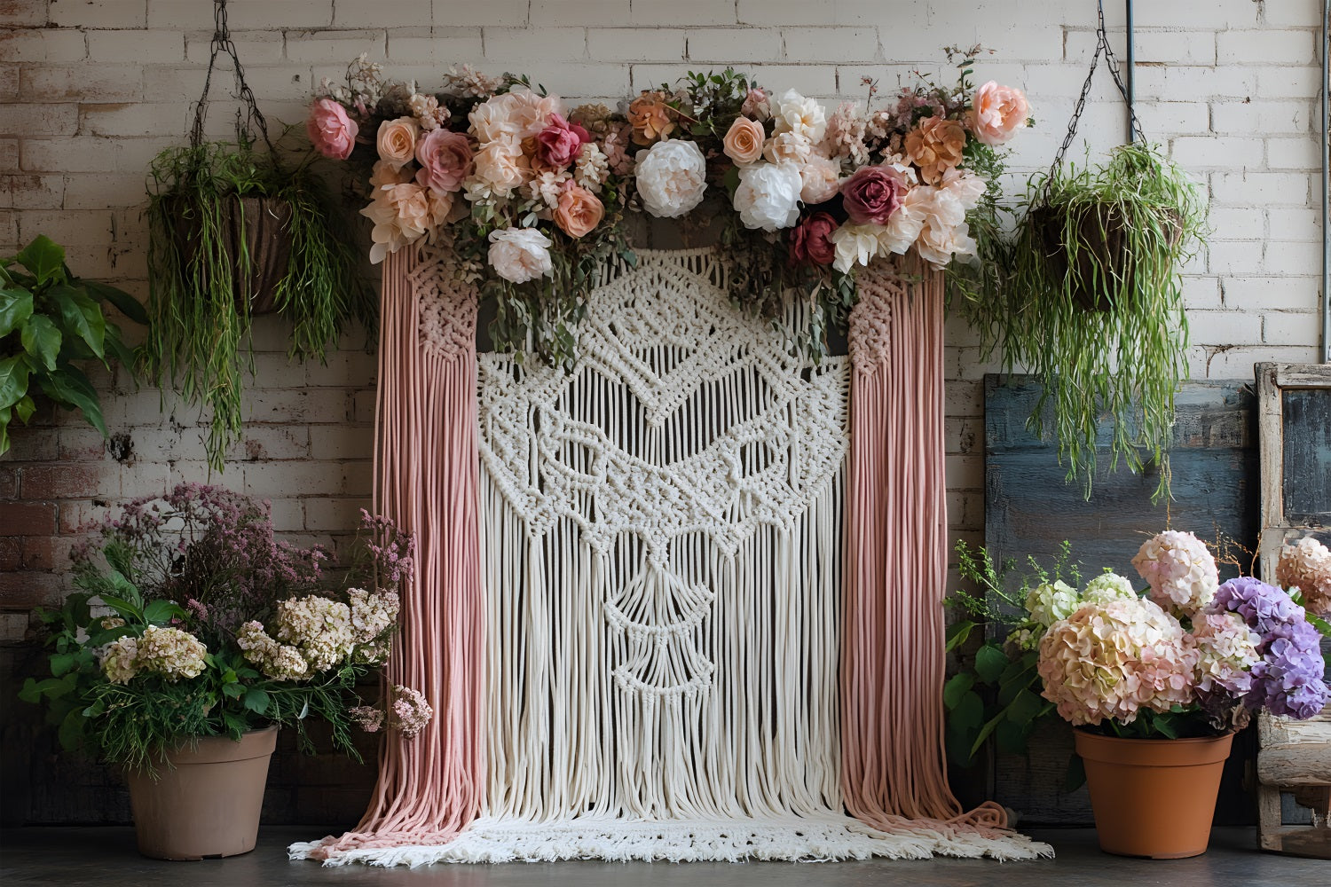 Toile de Fond Floral Bohème Chic Rustique avec Macramé RR8-502