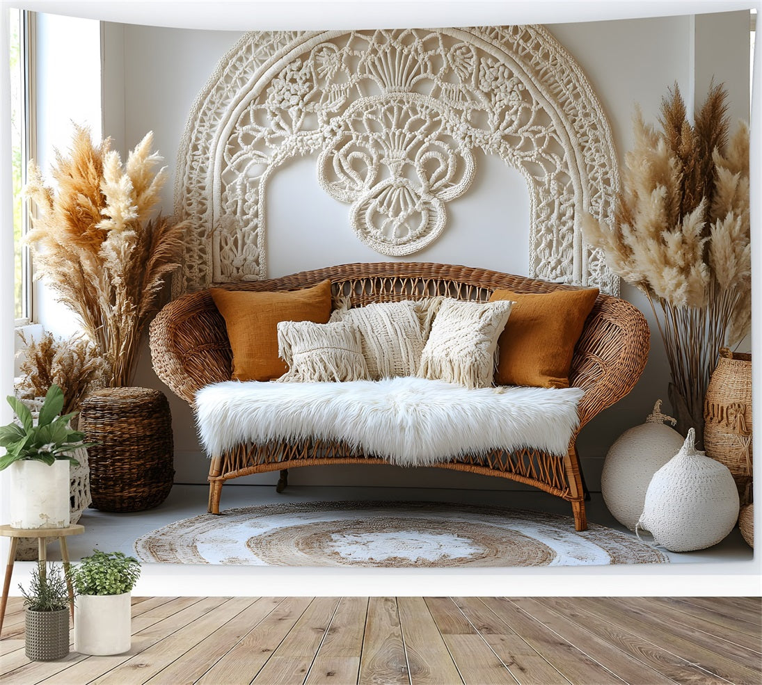 Toile de Fond Ambiance Cozy avec Pampas et Meubles en Rotin RR8-504
