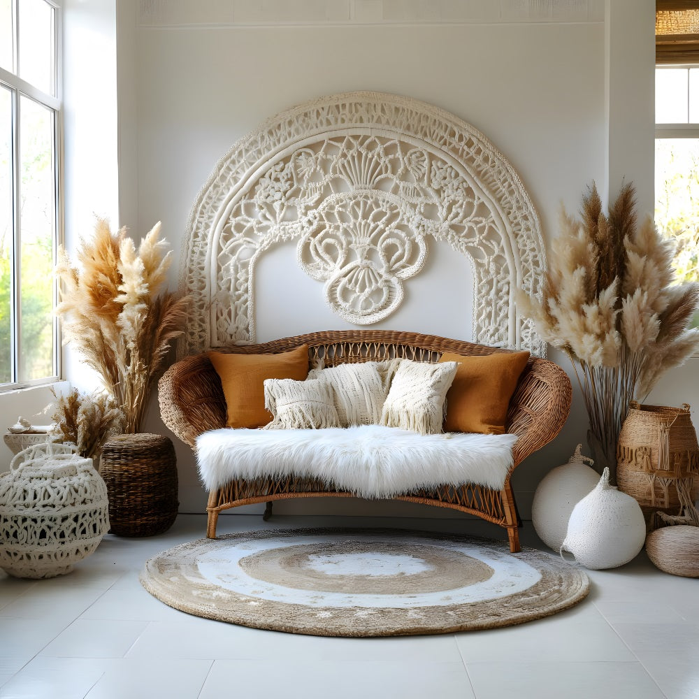 Toile de Fond Ambiance Cozy avec Pampas et Meubles en Rotin RR8-504