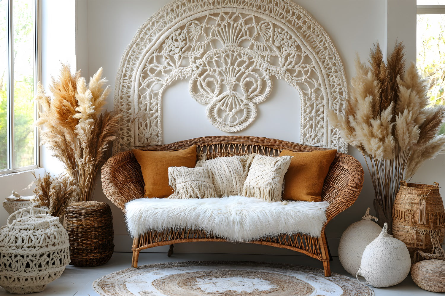 Toile de Fond Ambiance Cozy avec Pampas et Meubles en Rotin RR8-504