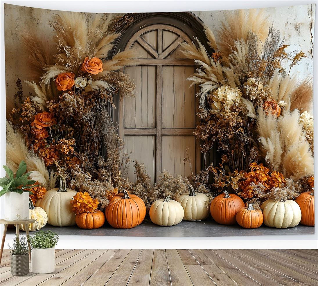 Toile de Fond Récolte Automnale avec Citrouilles et Fleurs Bohème RR8-505