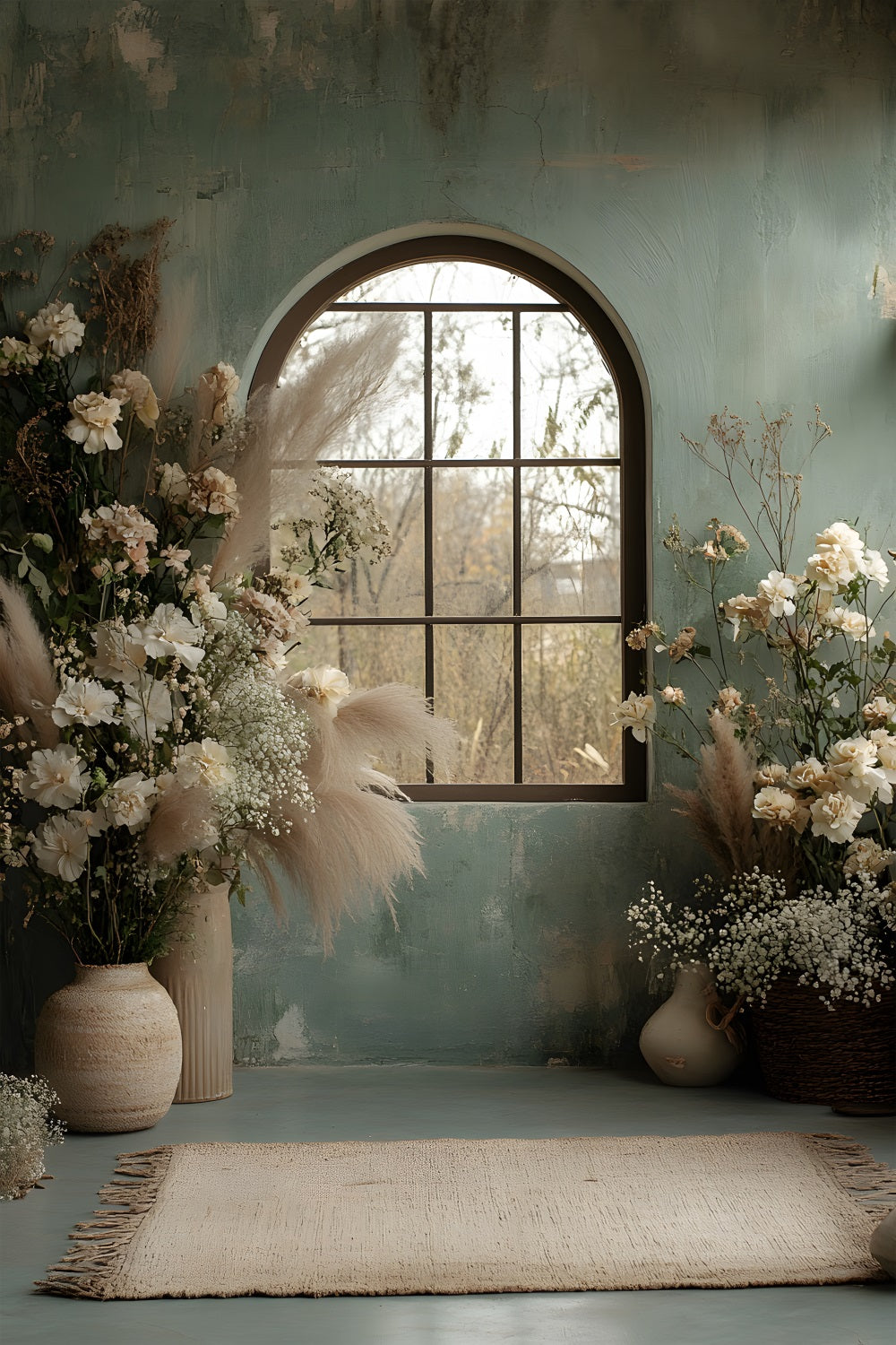 Toile de Fond Fenêtre Vintage avec Herbes de la Pampa et Fleurs RR8-508