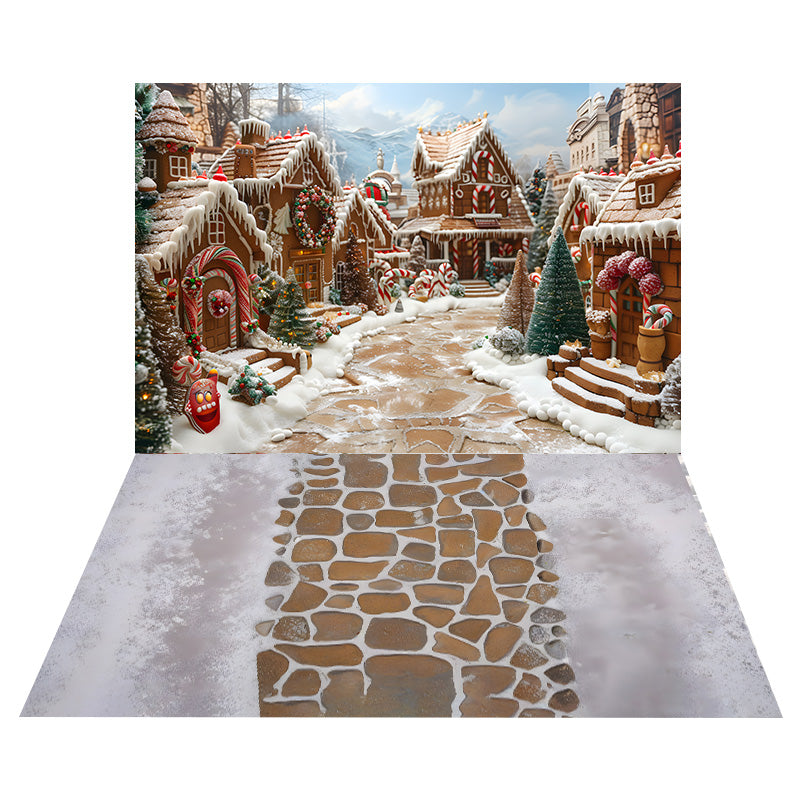 Toile de Fond de Rue avec Maison en Pain d'Épice de Noël + Sol en Pierre RR8-573