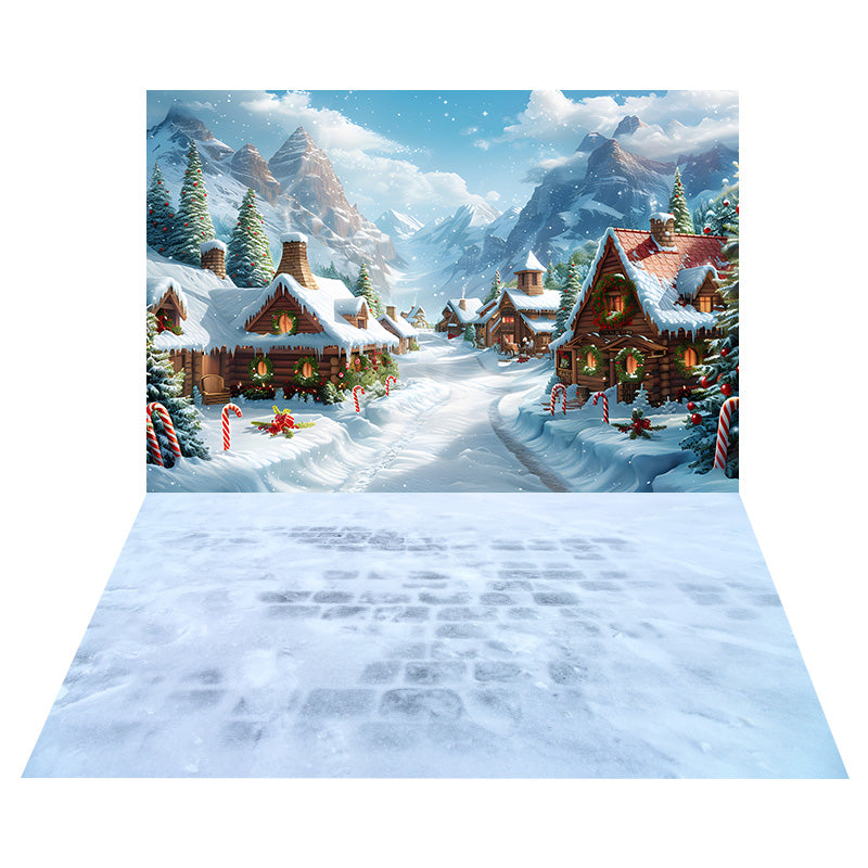 Toile de Fond de Village de Noël + Sol de Sentier de Pierre Enneigé RR8-576