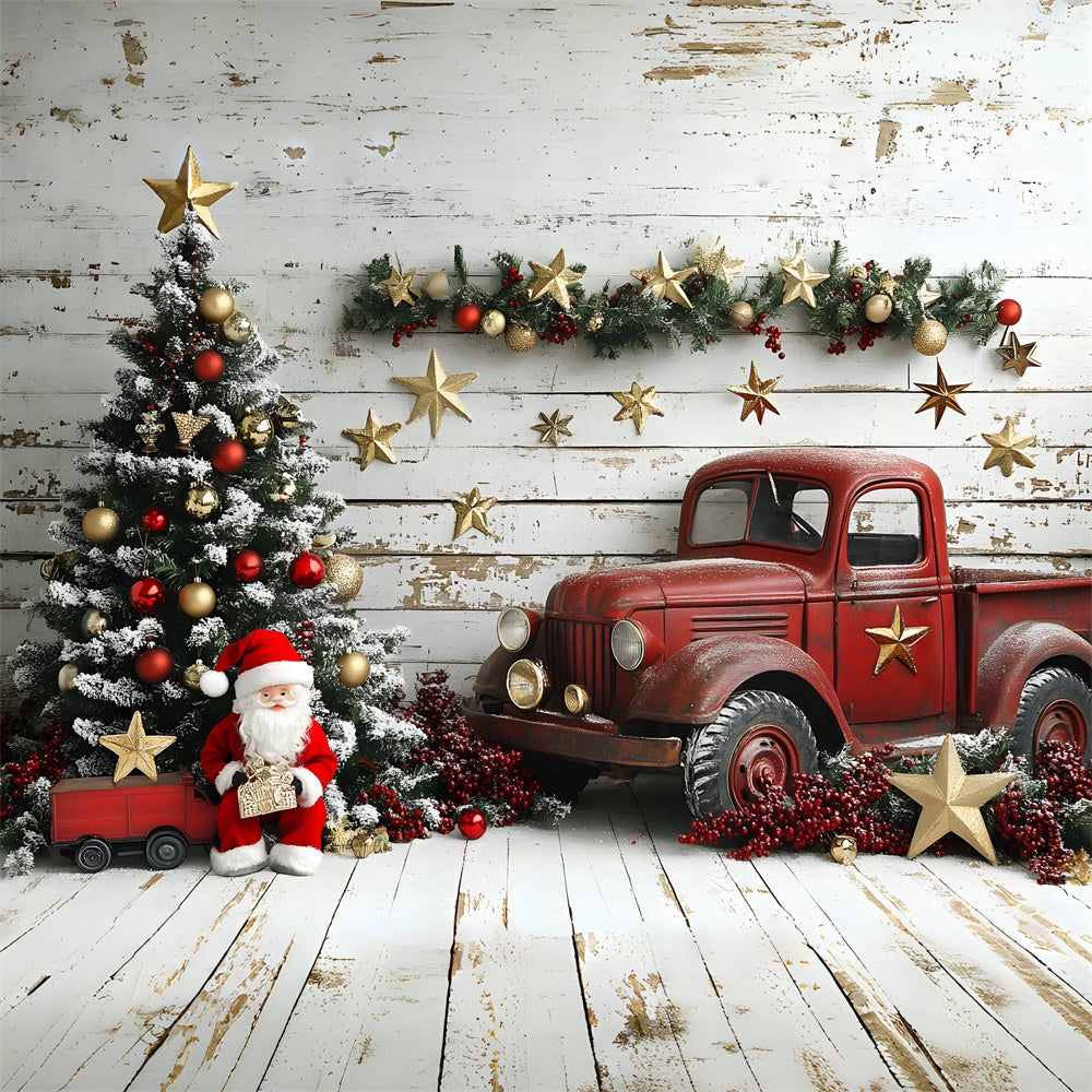 Toile de fond Camion Rouge Père Noël et Sapin de Noël RR8-60