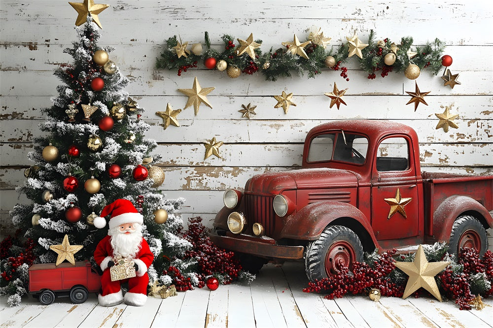 Toile de fond Camion Rouge Père Noël et Sapin de Noël RR8-60