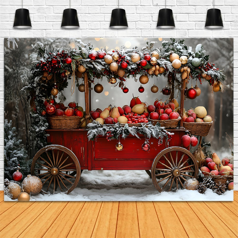 Toile de fond Sapins Neige Chariot de Fruits de Noël RR8-62