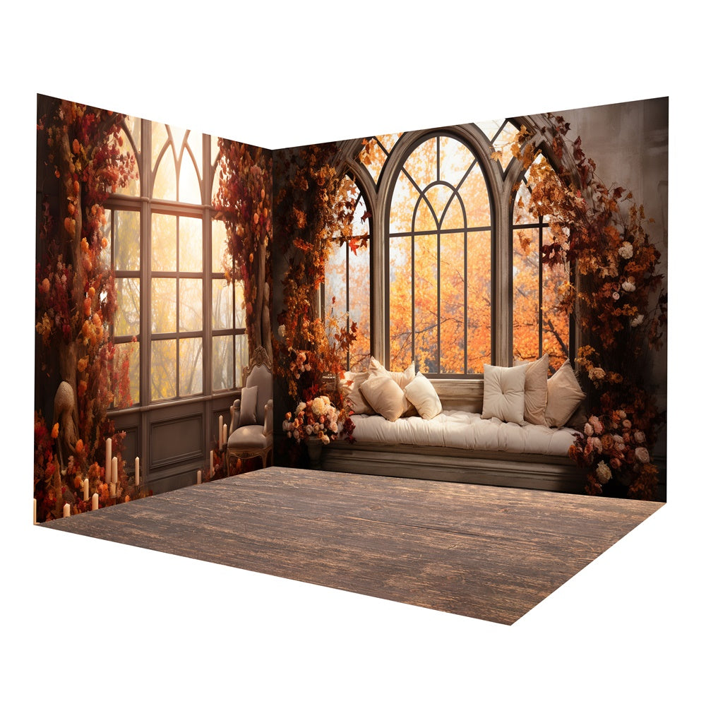 Ensemble de chambre avec fenêtre donnant sur arbres érables d'automne RR8-658