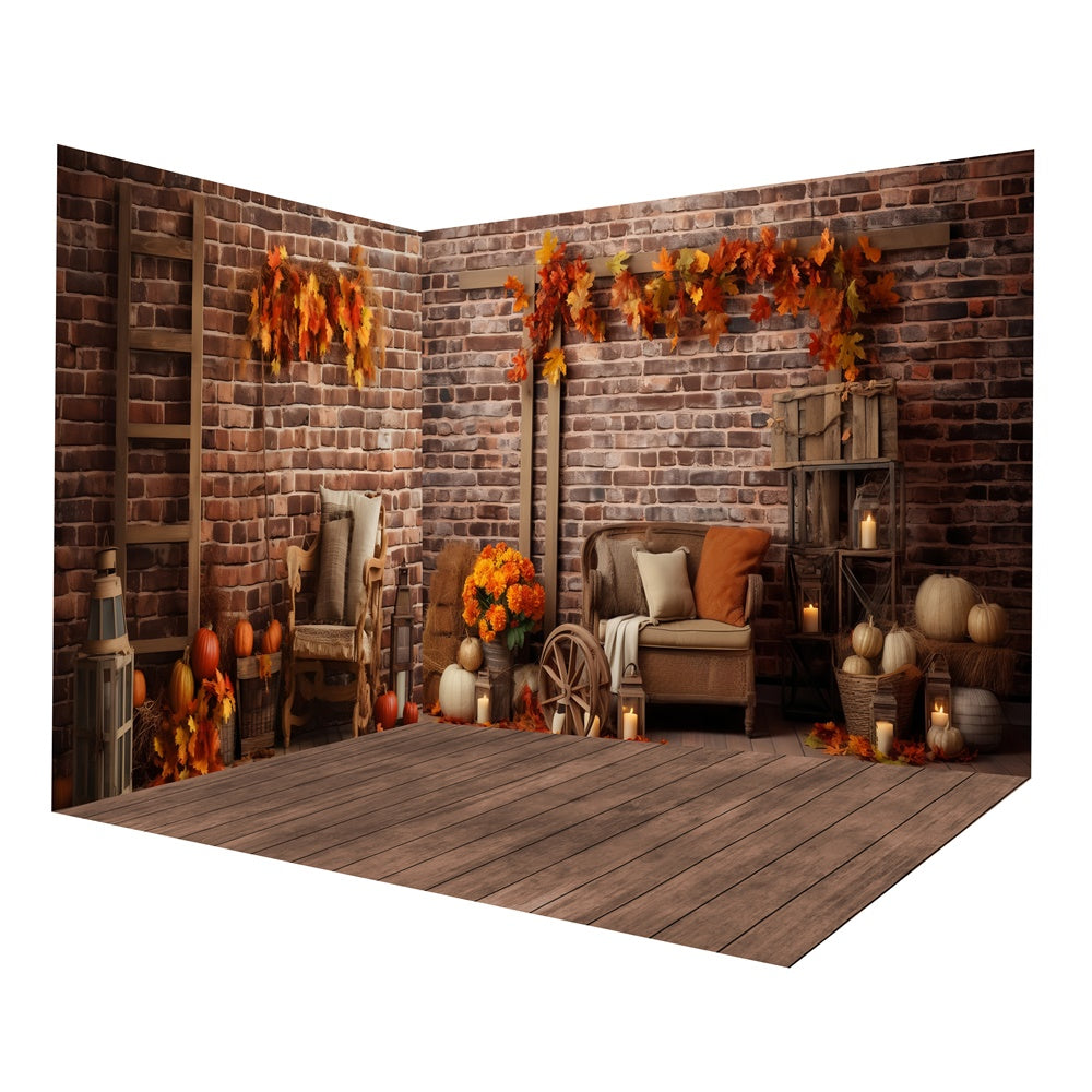 Ensemble de chambre de grange avec mur en briques et récolte d'automne RR8-660