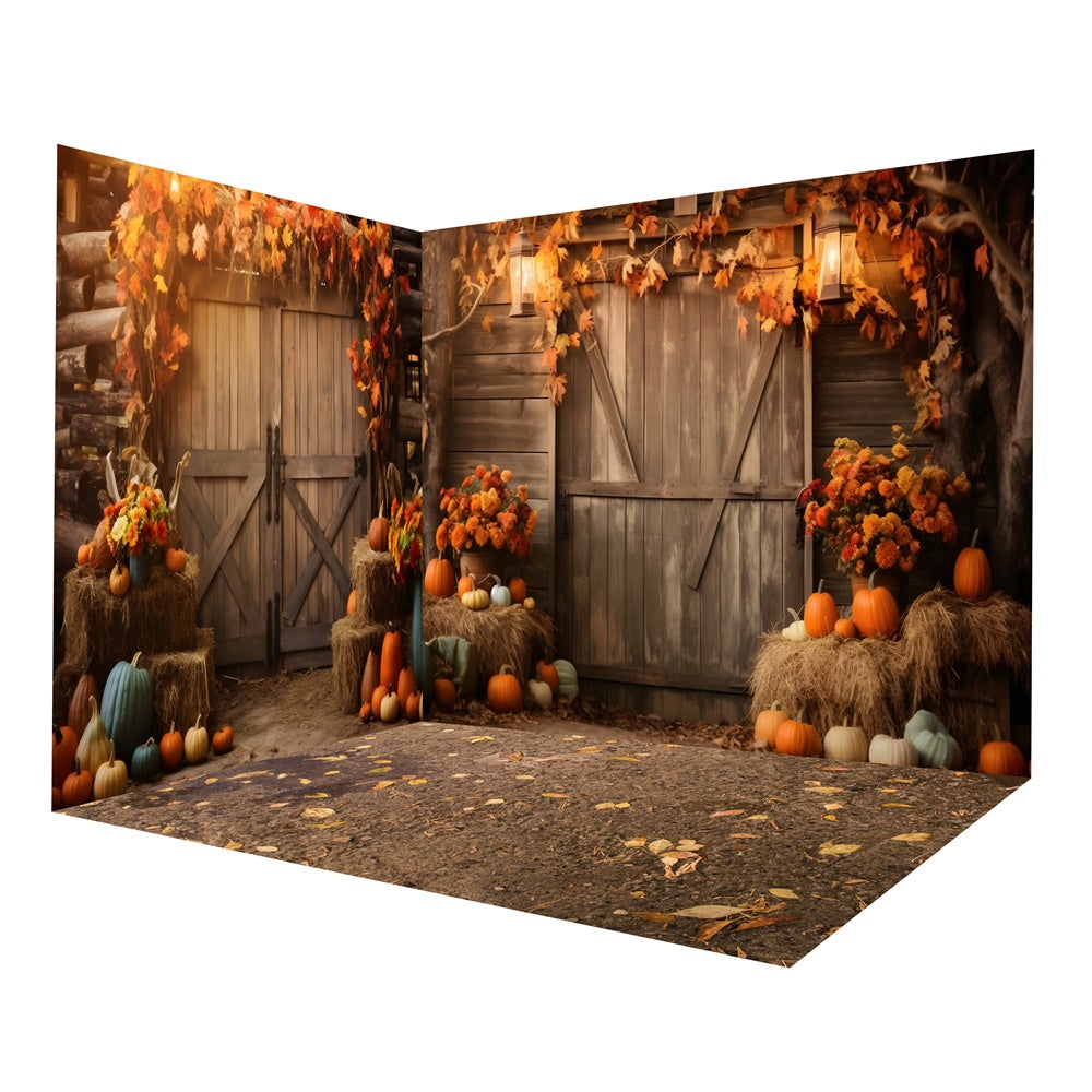 Ensemble de chambre avec porte de grange en bois et tas de foin d'automne RR8-662